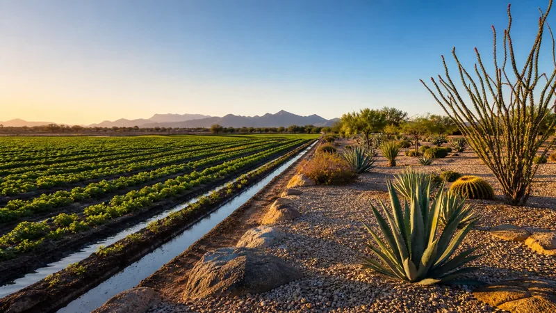 Irrigated desert field and xeriscape yard in morning light, How to Start a Farm in Arizona